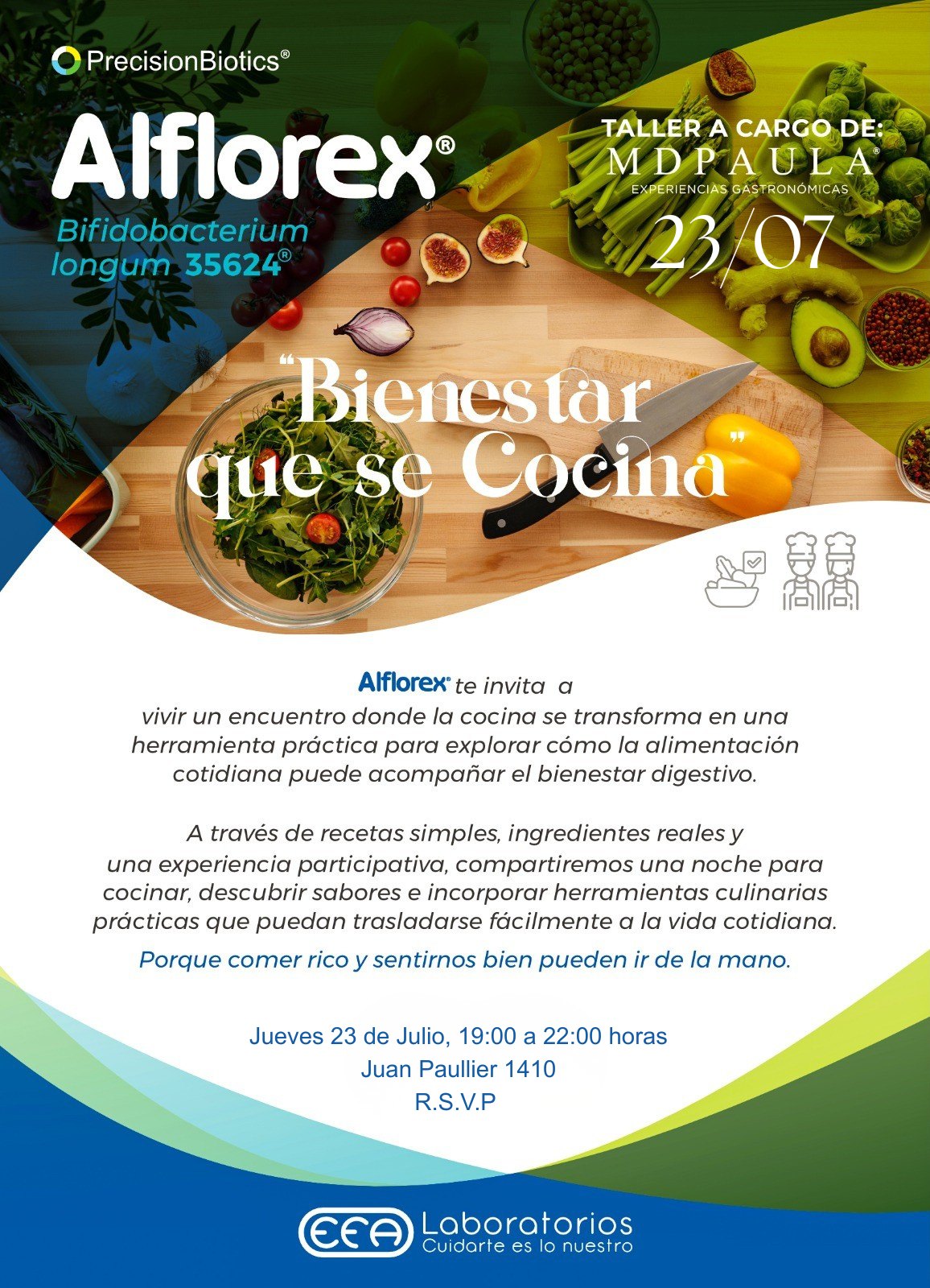 Invitación al taller Bienestar que se Cocina de Alflorex junto a MDPAULA
