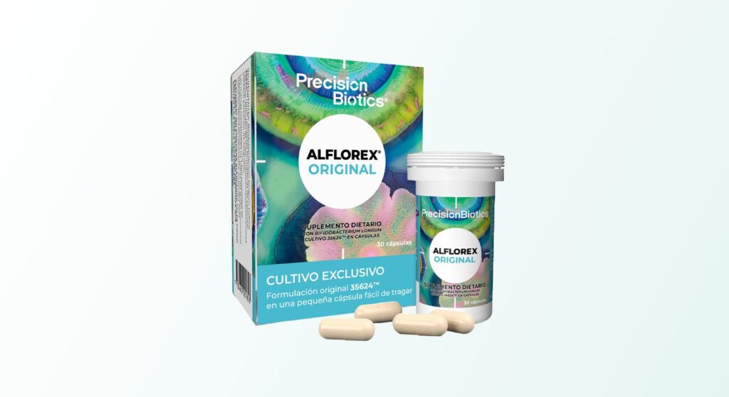Alflorex® Original, estuche y frasco con cápsulas de Bifidobacterium longum 35624®