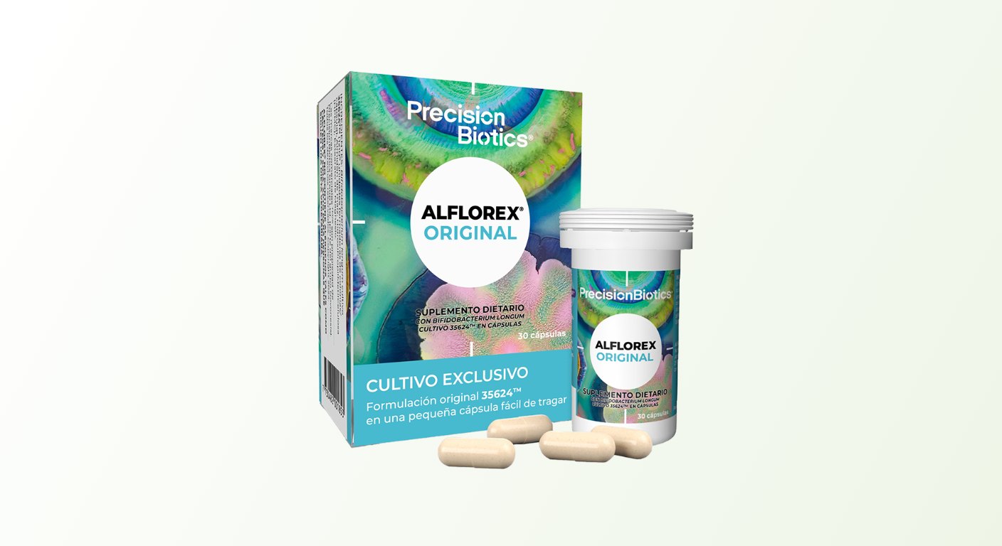Alflorex® Original, estuche y frasco con cápsulas de Bifidobacterium longum 35624®