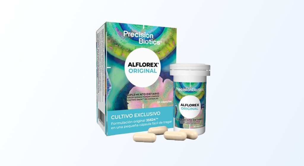Alflorex® Original, estuche y frasco con cápsulas de Bifidobacterium longum 35624®
